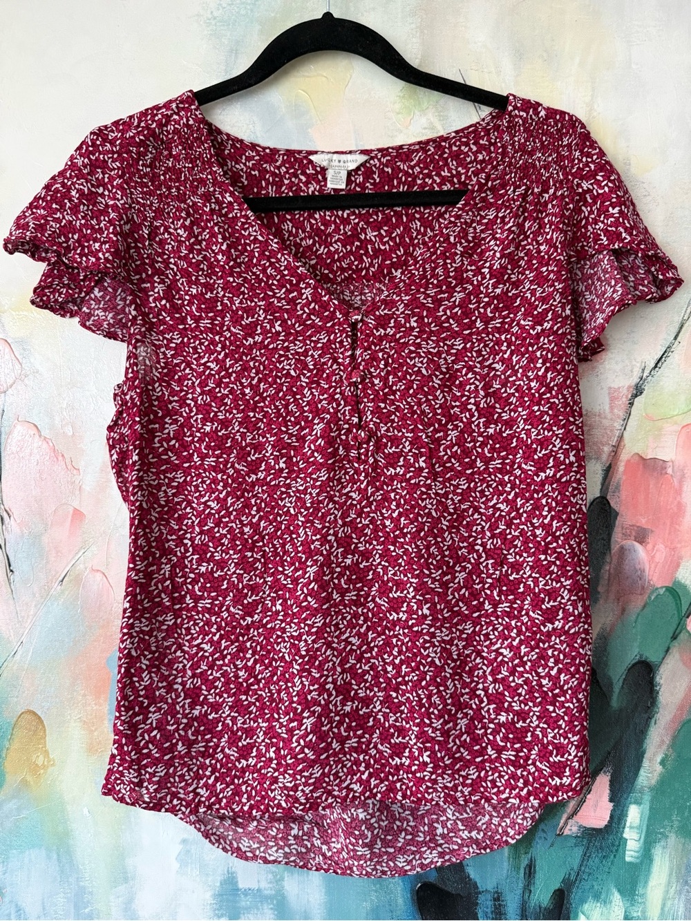 🌹 Lucky Brand Red Floral-Print V-Neck Button Front Top